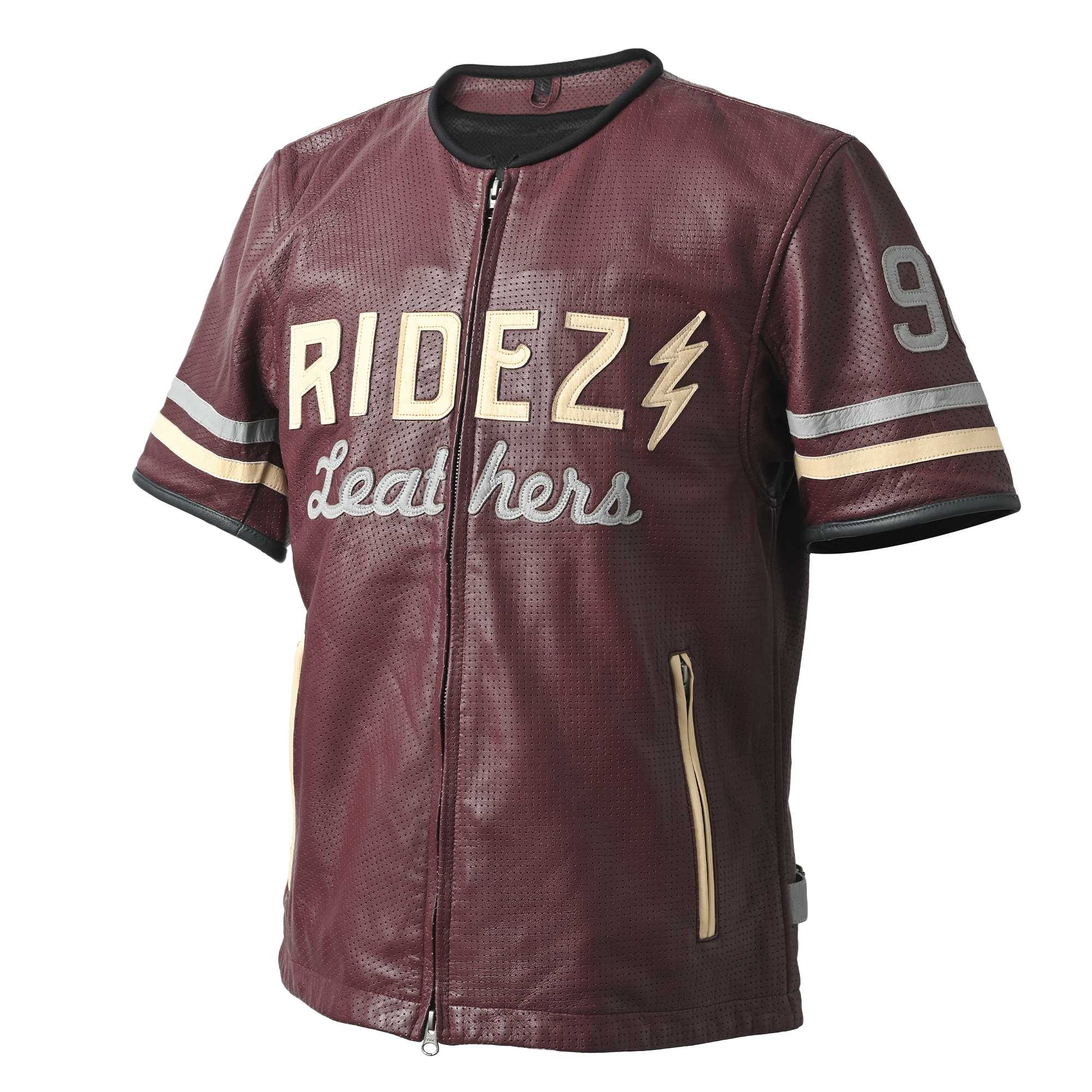 RIDEZ夏用半袖レザージャケット赤色がトルソーに着せられている前画像