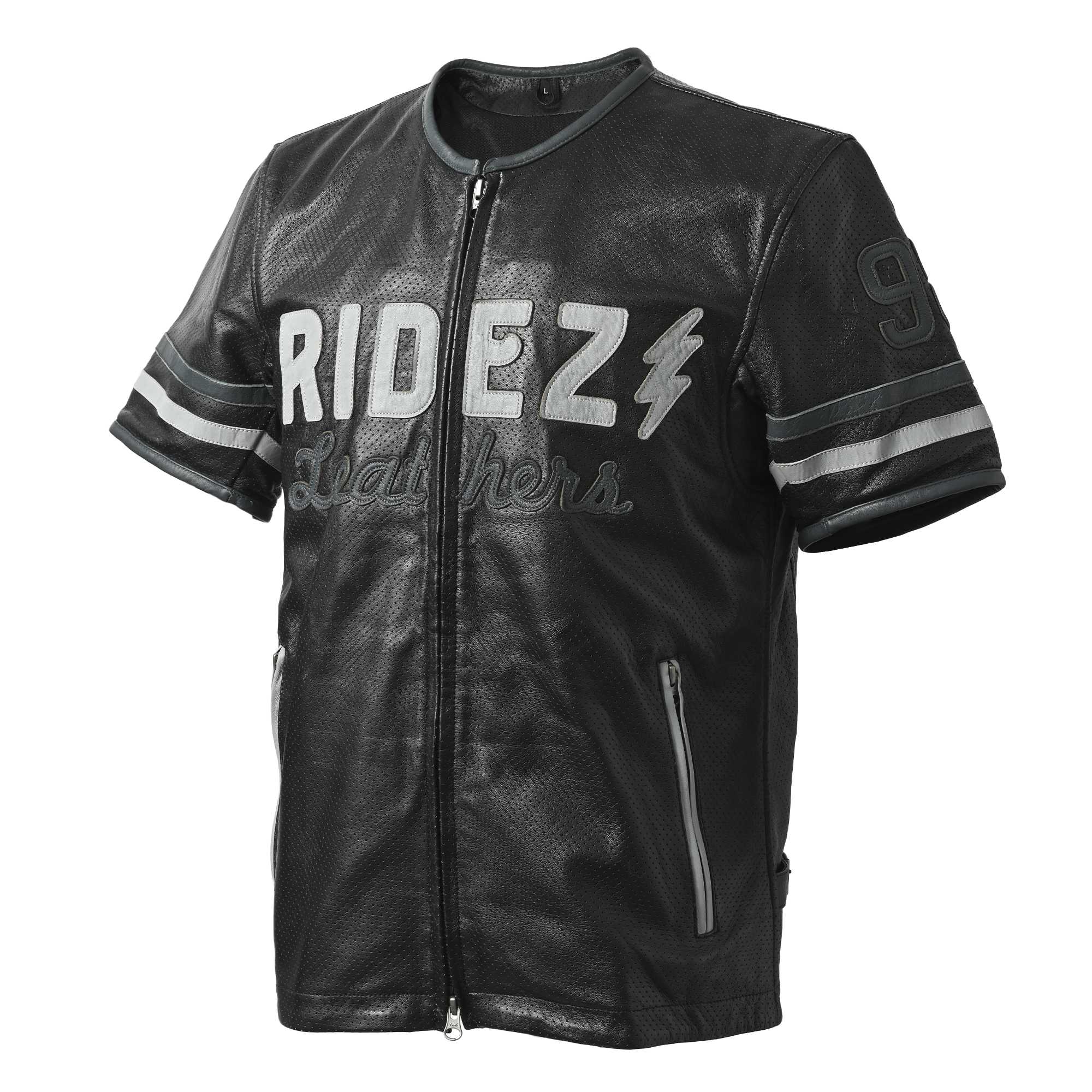 真夏でも使える半袖革ジャンRIDEZオリジナルの本革レザージャケットブラックカラーのフロントデザイン