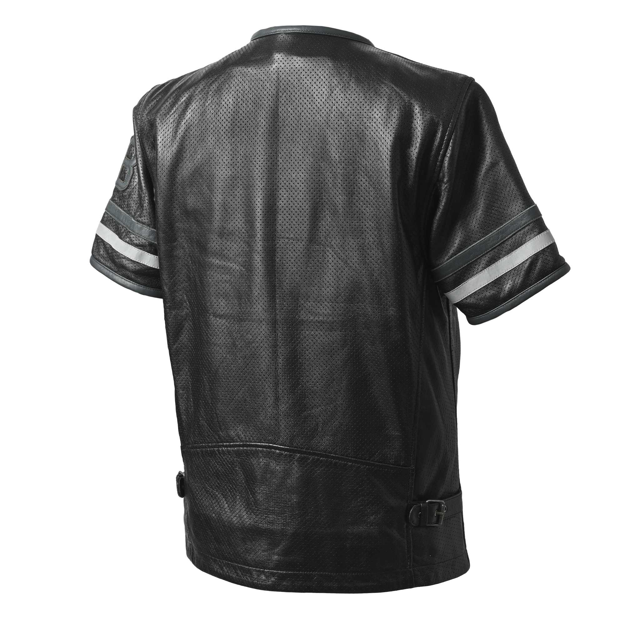 真夏でも使える半袖革ジャンRIDEZオリジナルの本革レザージャケットブラックカラーのバックデザイン