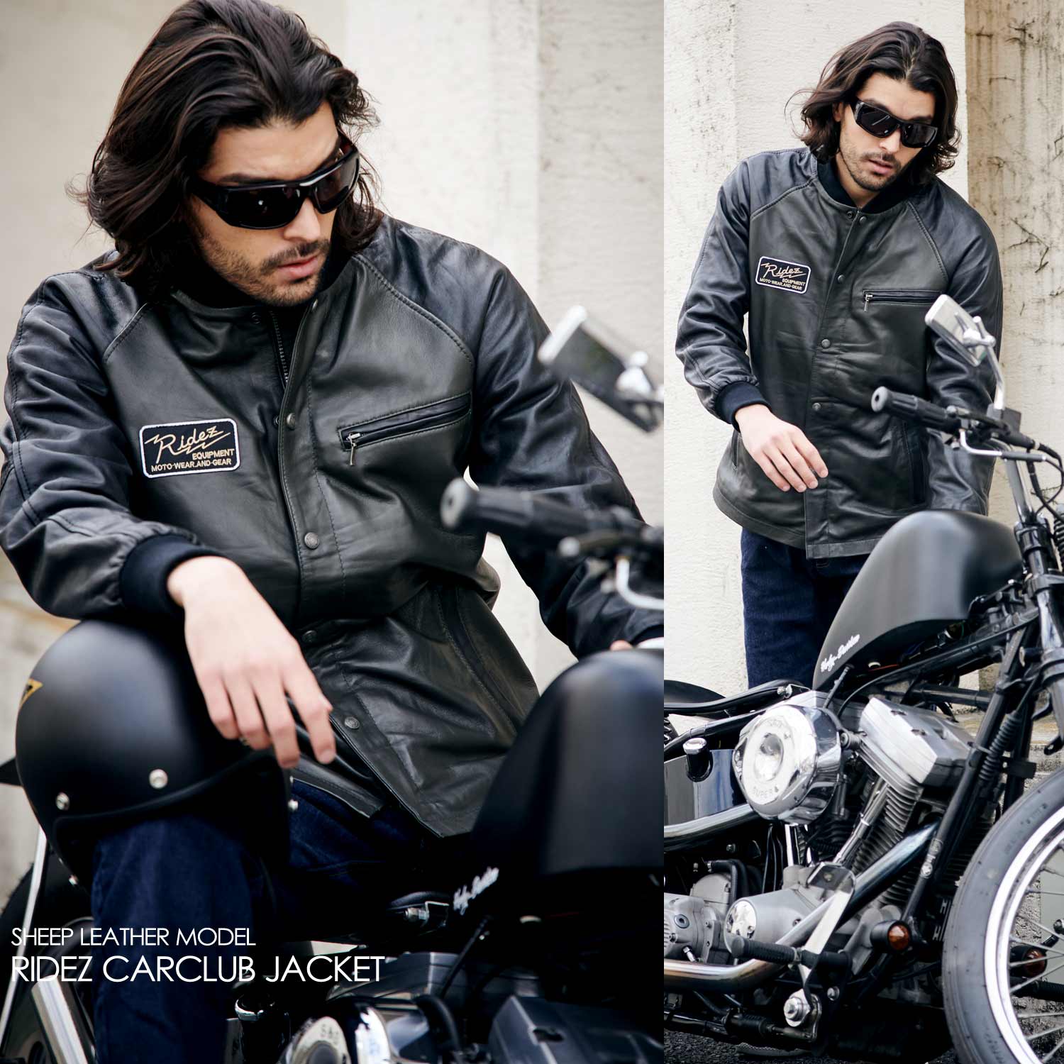 シープレザーのファラオジャケットオリーブを着用してバイクにまたがる画像