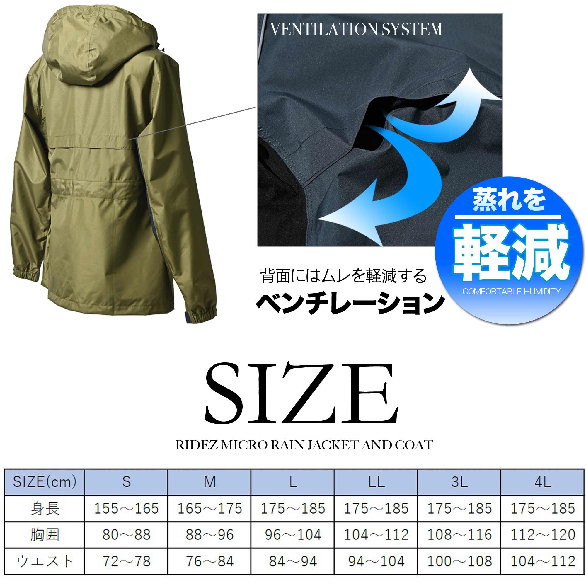 RIDEZ MICRO RAIN COAT　バイク用 レインコート OLIVE  MCR05